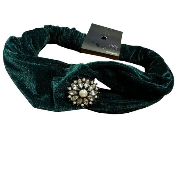 I.n.c. Silver-Tone Crystal & Imitation Pearl Flower green Velvet Turban Headband - Picture 1 of 4